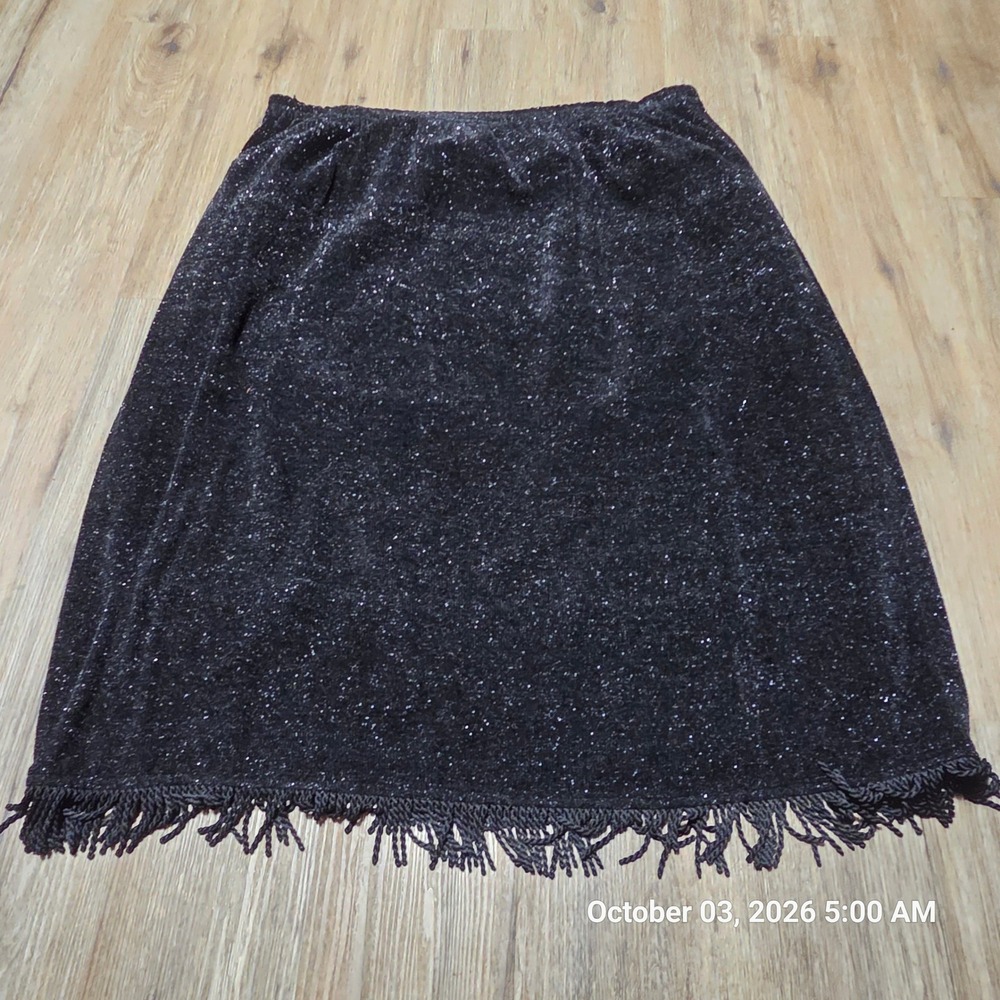 Indigo Moon Black Metallic Shimmer Fringe Hem Midi Skirt Elastic Waist Womens